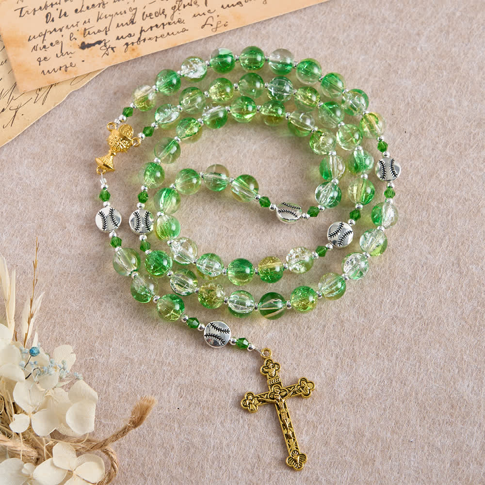 Yellow Green Crackle Glass Rosary: Tennis Ball Beads with Eucharist Medal for Faith in Motion