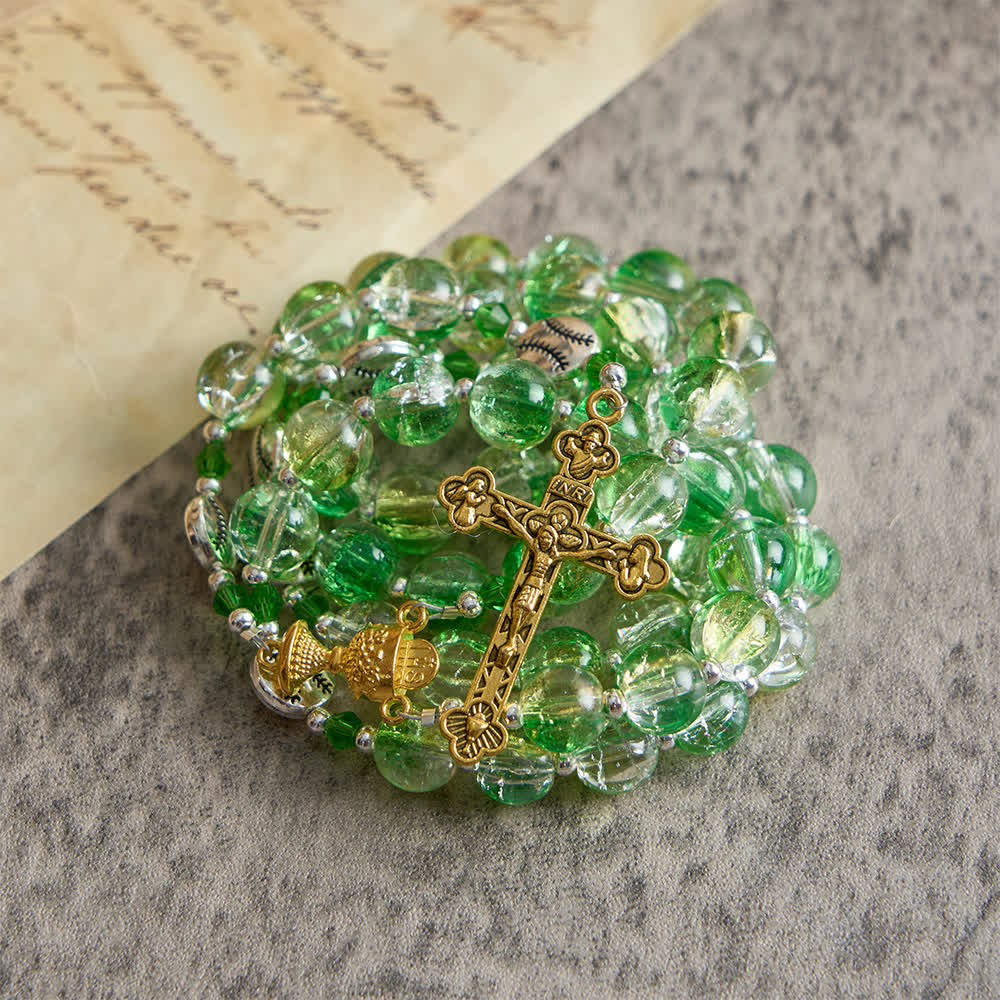 Yellow Green Crackle Glass Rosary: Tennis Ball Beads with Eucharist Medal for Faith in Motion