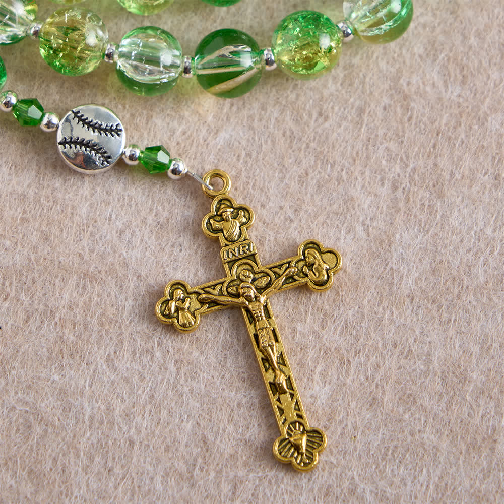 Yellow Green Crackle Glass Rosary: Tennis Ball Beads with Eucharist Medal for Faith in Motion