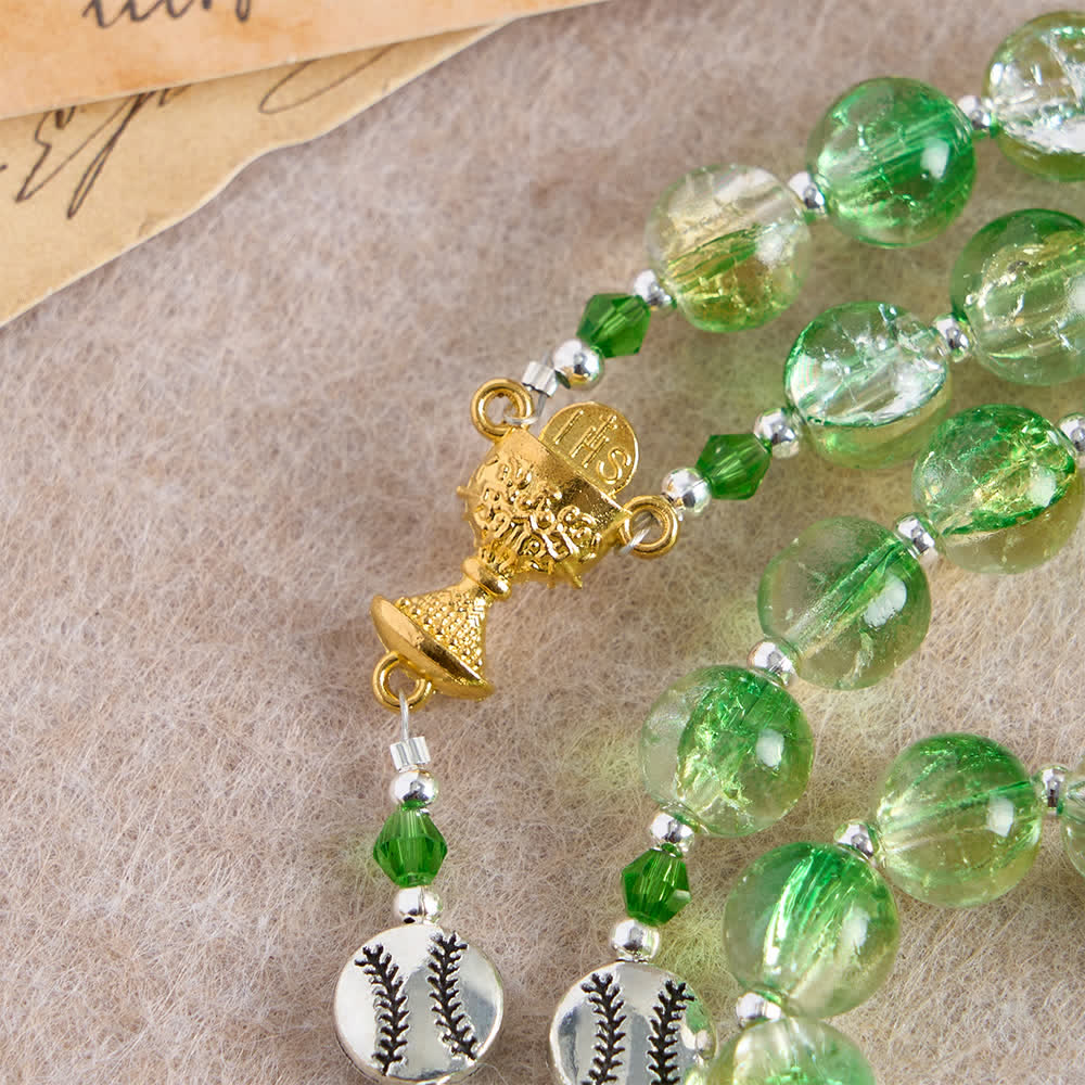 Yellow Green Crackle Glass Rosary: Tennis Ball Beads with Eucharist Medal for Faith in Motion