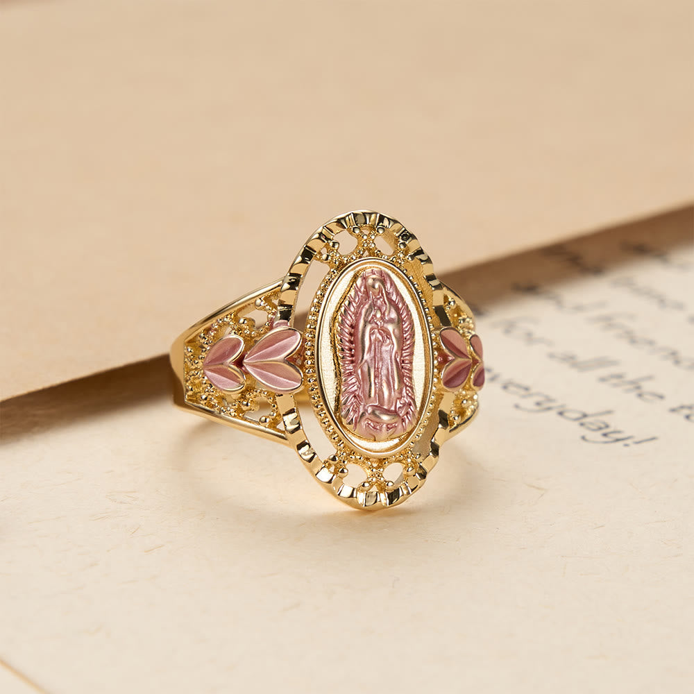 Our Lady of Guadalupe Enameled Devotional Ring with Floral Accents: A Symbol of Marian Grace & Divine Protection