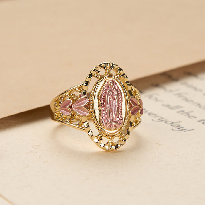 Our Lady of Guadalupe Enameled Devotional Ring with Floral Accents: A Symbol of Marian Grace & Divine Protection