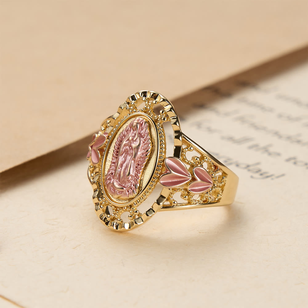 Our Lady of Guadalupe Enameled Devotional Ring with Floral Accents: A Symbol of Marian Grace & Divine Protection
