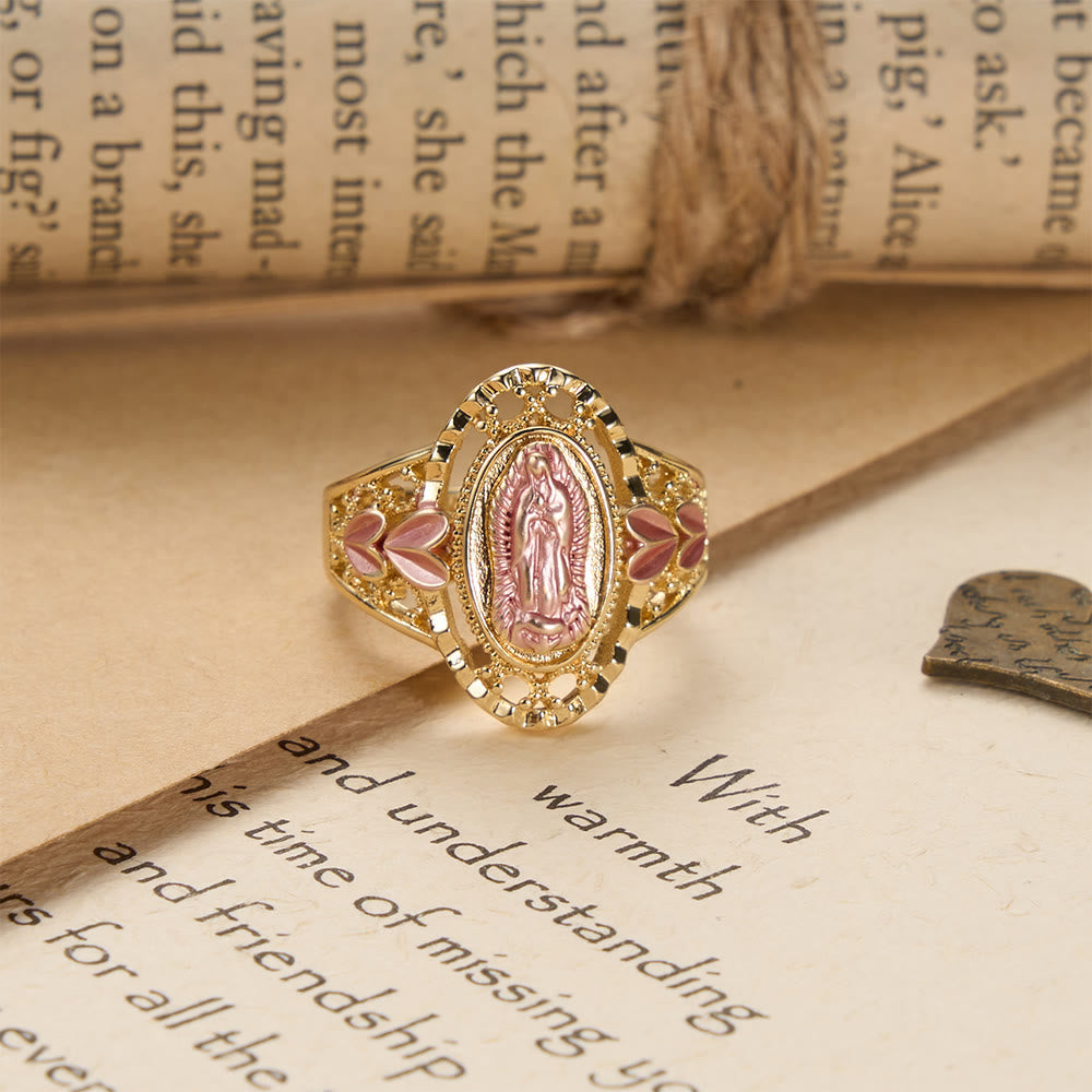 Our Lady of Guadalupe Enameled Devotional Ring with Floral Accents: A Symbol of Marian Grace & Divine Protection
