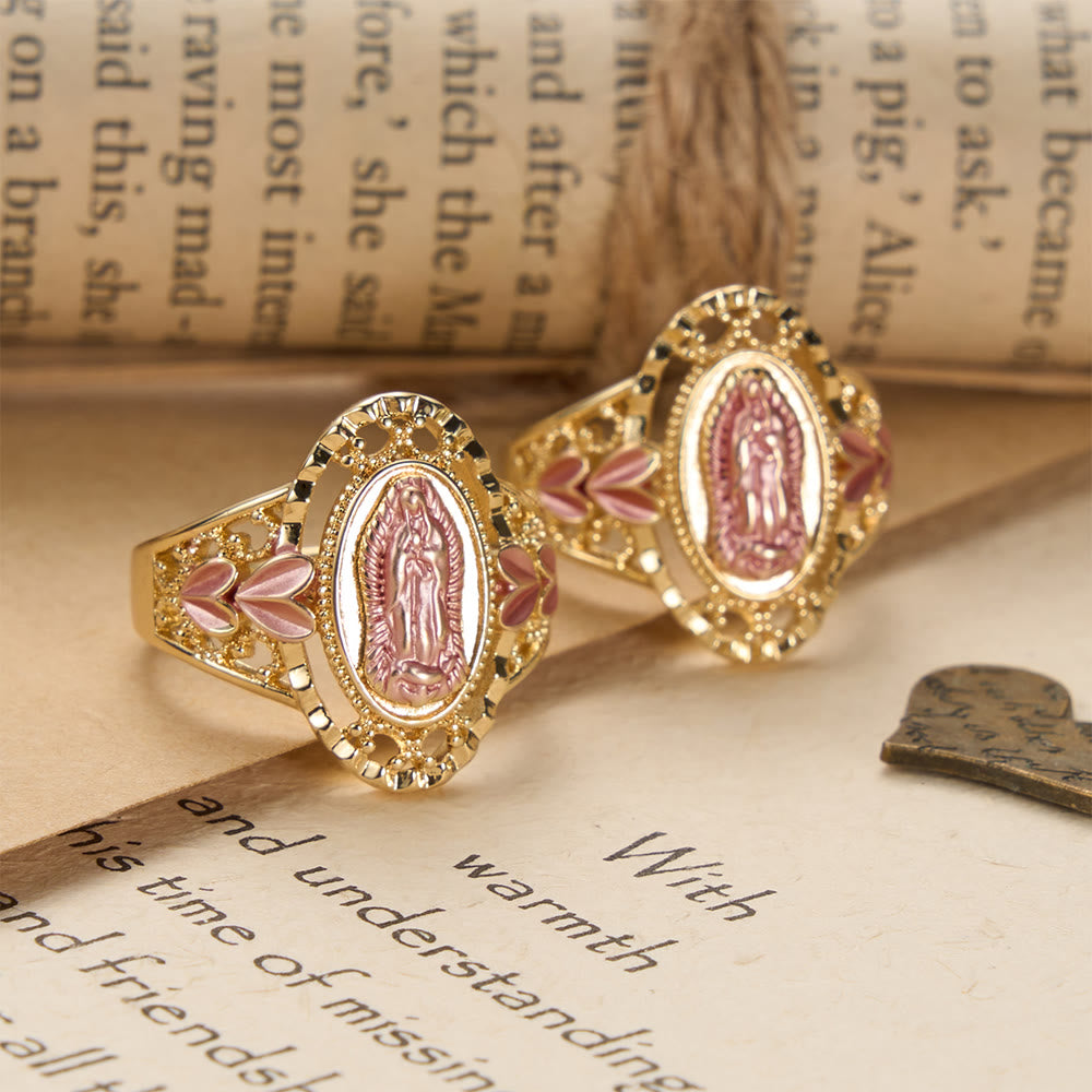 Our Lady of Guadalupe Enameled Devotional Ring with Floral Accents: A Symbol of Marian Grace & Divine Protection
