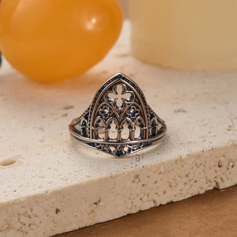 Gothic Cathedral Window Devotional Ring with Quatrefoil Details: A Symbol of Sacred Architecture & Divine Light