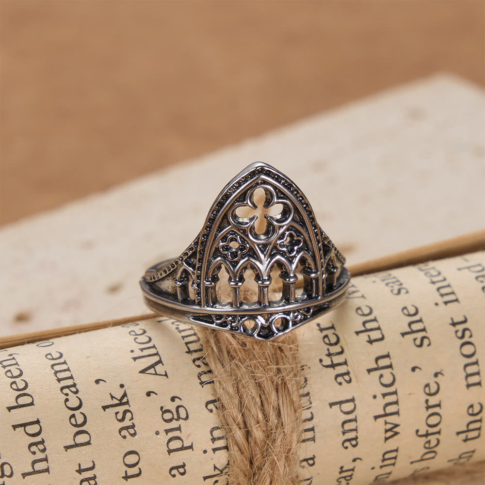 Gothic Cathedral Window Devotional Ring with Quatrefoil Details: A Symbol of Sacred Architecture & Divine Light