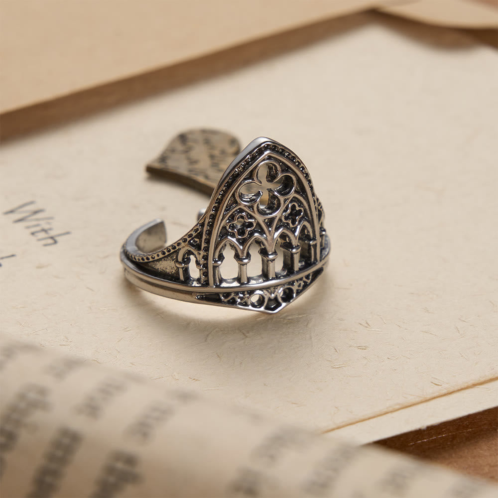 Gothic Cathedral Window Devotional Ring with Quatrefoil Details: A Symbol of Sacred Architecture & Divine Light