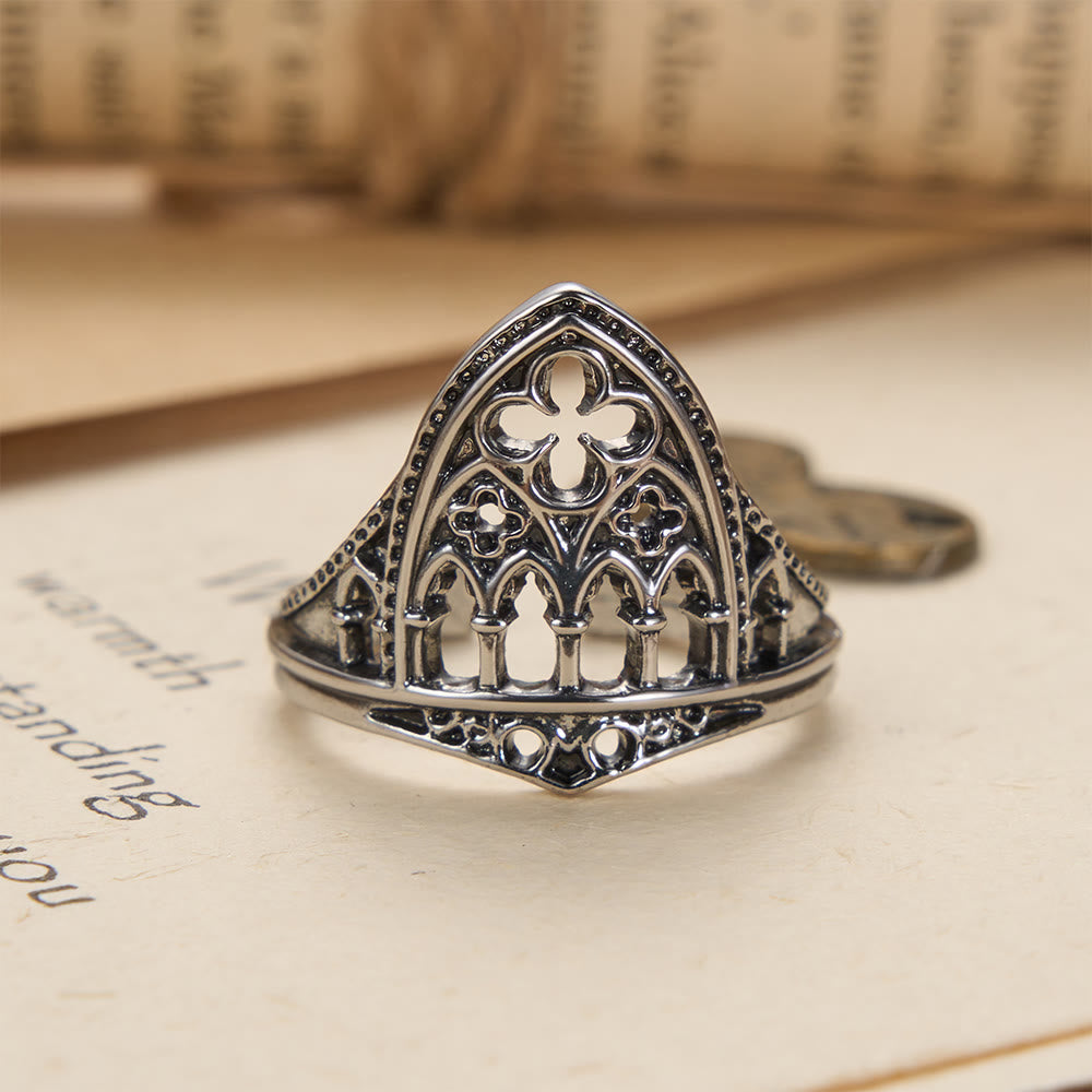 Gothic Cathedral Window Devotional Ring with Quatrefoil Details: A Symbol of Sacred Architecture & Divine Light