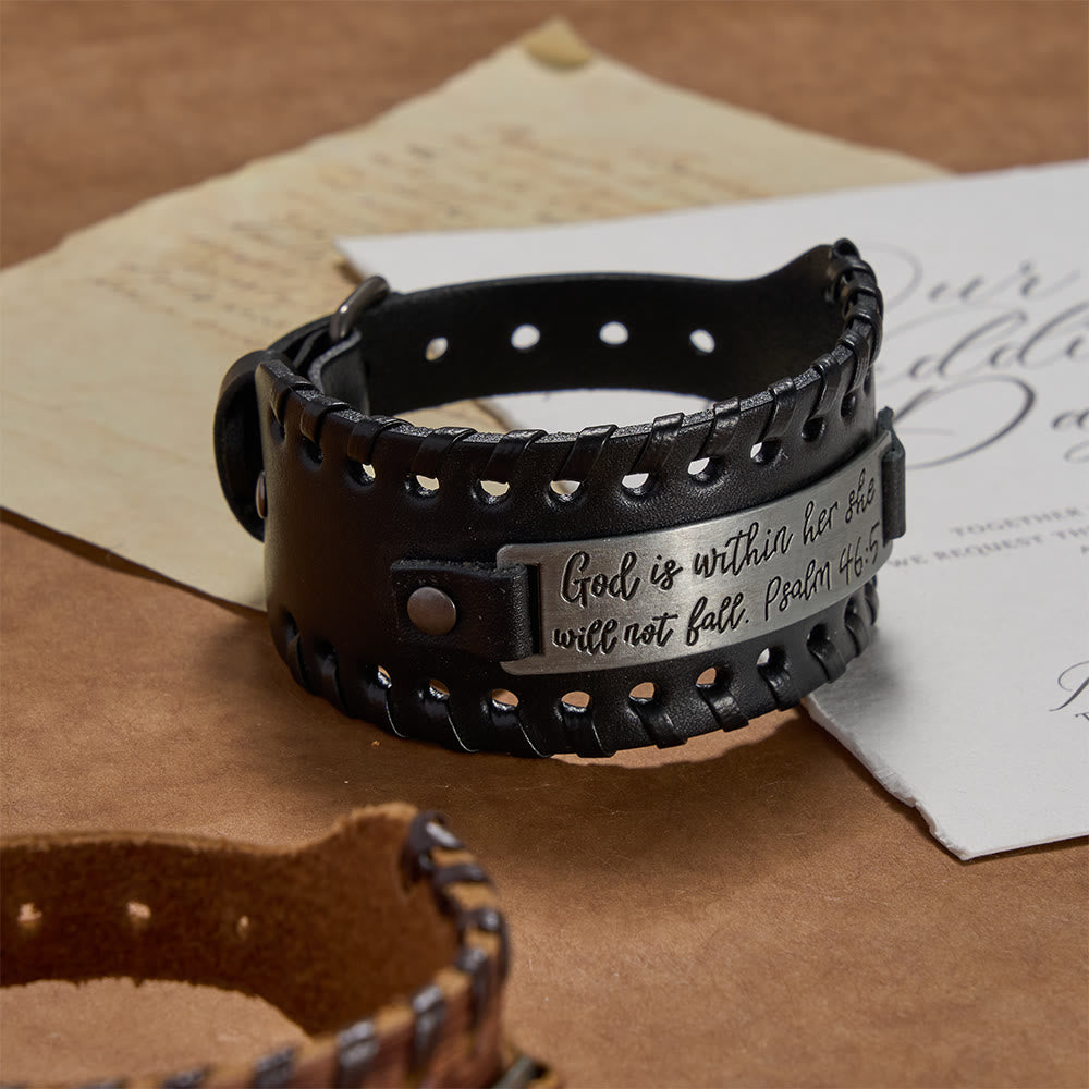 Psalm 46:5 Scripture Engraved Leather Bracelet with Braided Stitching: A Symbol of Divine Strength & Unshakable Faith