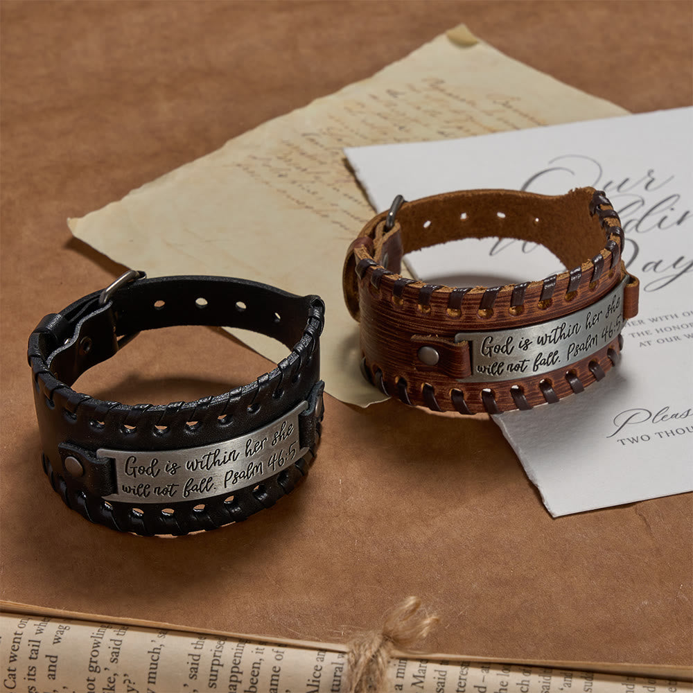 Psalm 46:5 Scripture Engraved Leather Bracelet with Braided Stitching: A Symbol of Divine Strength & Unshakable Faith