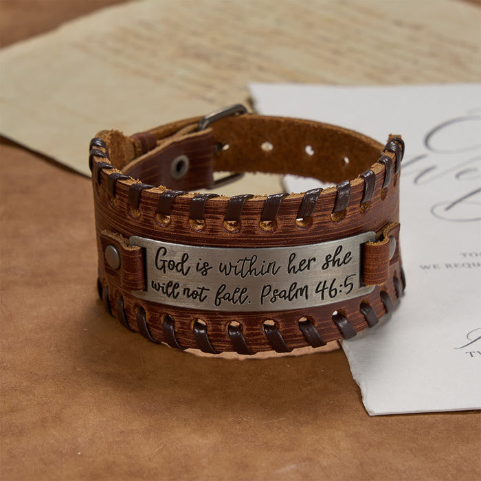 Psalm 46:5 Scripture Engraved Leather Bracelet with Braided Stitching: A Symbol of Divine Strength & Unshakable Faith