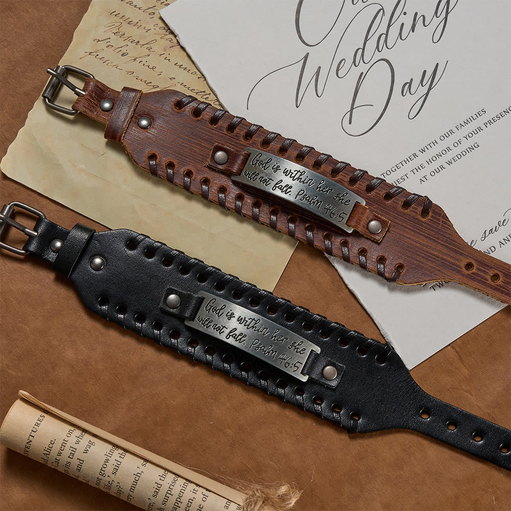Psalm 46:5 Scripture Engraved Leather Bracelet with Braided Stitching: A Symbol of Divine Strength & Unshakable Faith