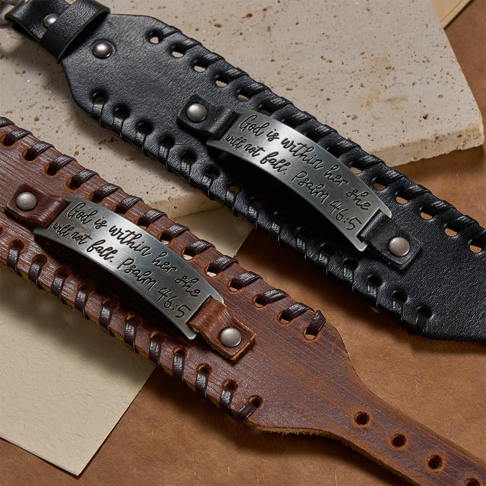 Psalm 46:5 Scripture Engraved Leather Bracelet with Braided Stitching: A Symbol of Divine Strength & Unshakable Faith