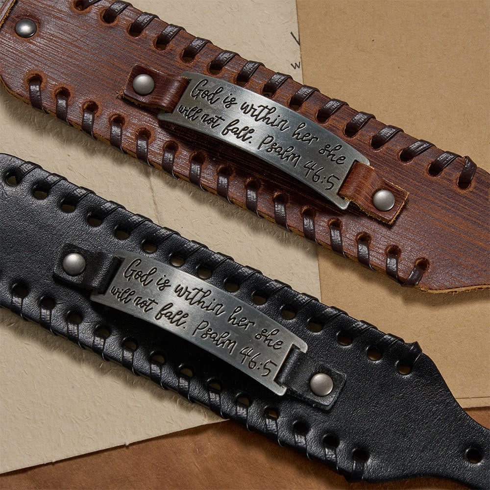 Psalm 46:5 Scripture Engraved Leather Bracelet with Braided Stitching: A Symbol of Divine Strength & Unshakable Faith