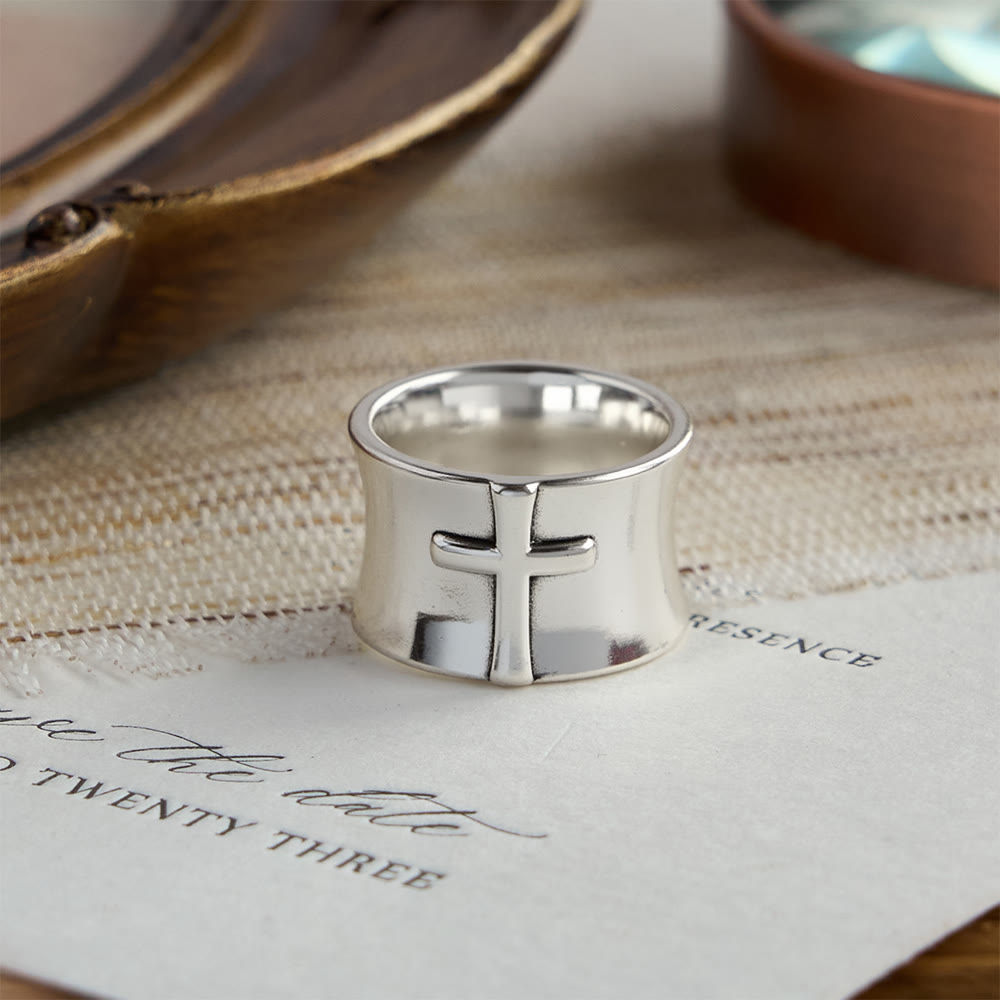 Minimalist Embossed Cross Wide Band Ring: A Symbol of Unwavering Faith & Timeless Devotion
