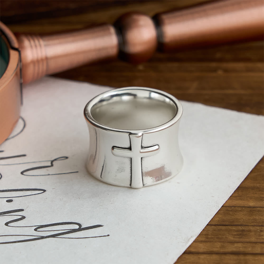 Minimalist Embossed Cross Wide Band Ring: A Symbol of Unwavering Faith & Timeless Devotion