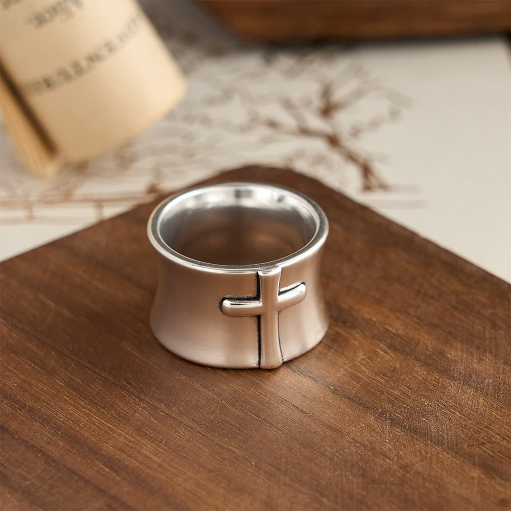Minimalist Embossed Cross Wide Band Ring: A Symbol of Unwavering Faith & Timeless Devotion