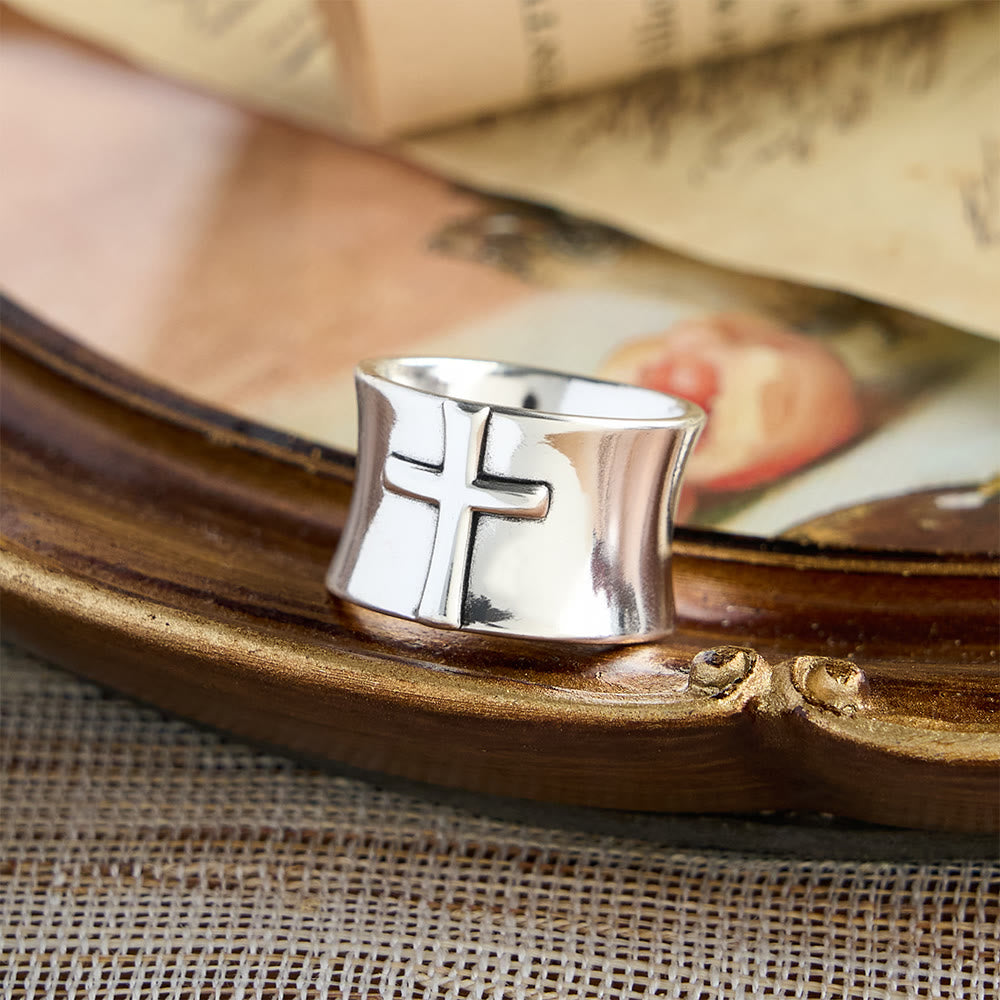 Minimalist Embossed Cross Wide Band Ring: A Symbol of Unwavering Faith & Timeless Devotion