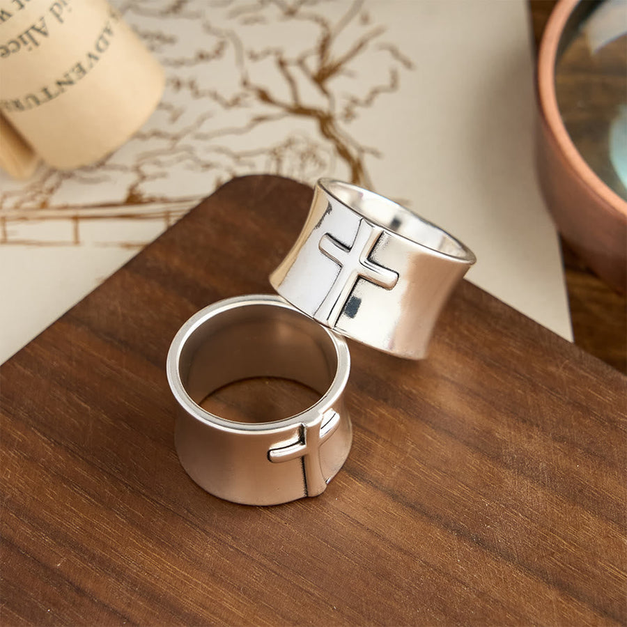 Minimalist Embossed Cross Wide Band Ring: A Symbol of Unwavering Faith & Timeless Devotion