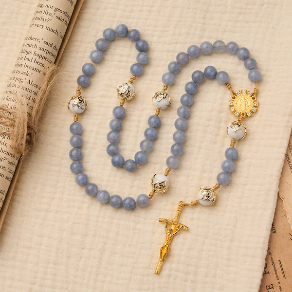Aquamarine & White Howlite Rosary: Golden Filigree Details with St. Benedict for Serene Faith