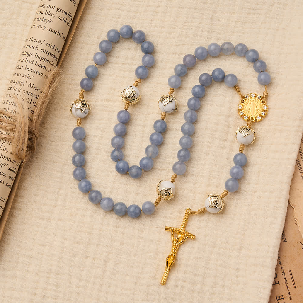 Aquamarine & White Howlite Rosary: Golden Filigree Details with St. Benedict for Serene Faith