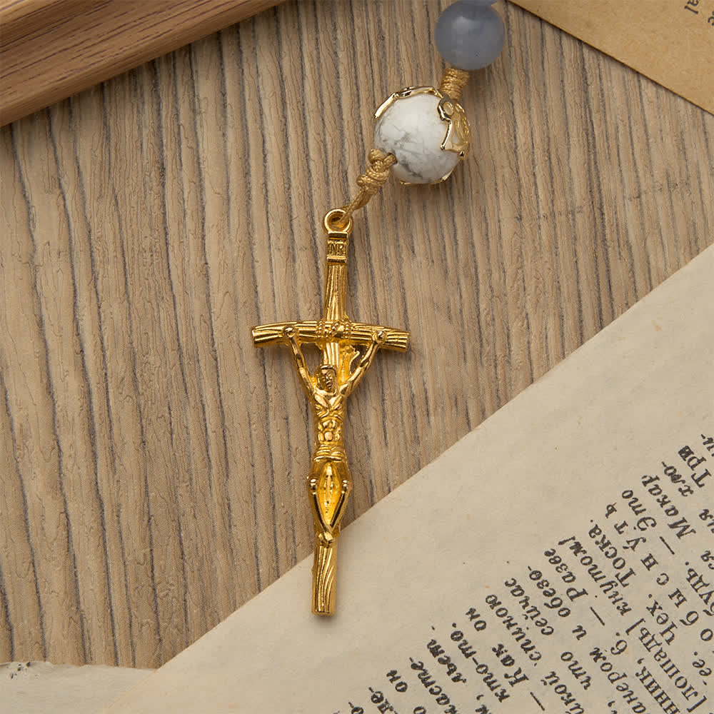 Aquamarine & White Howlite Rosary: Golden Filigree Details with St. Benedict for Serene Faith