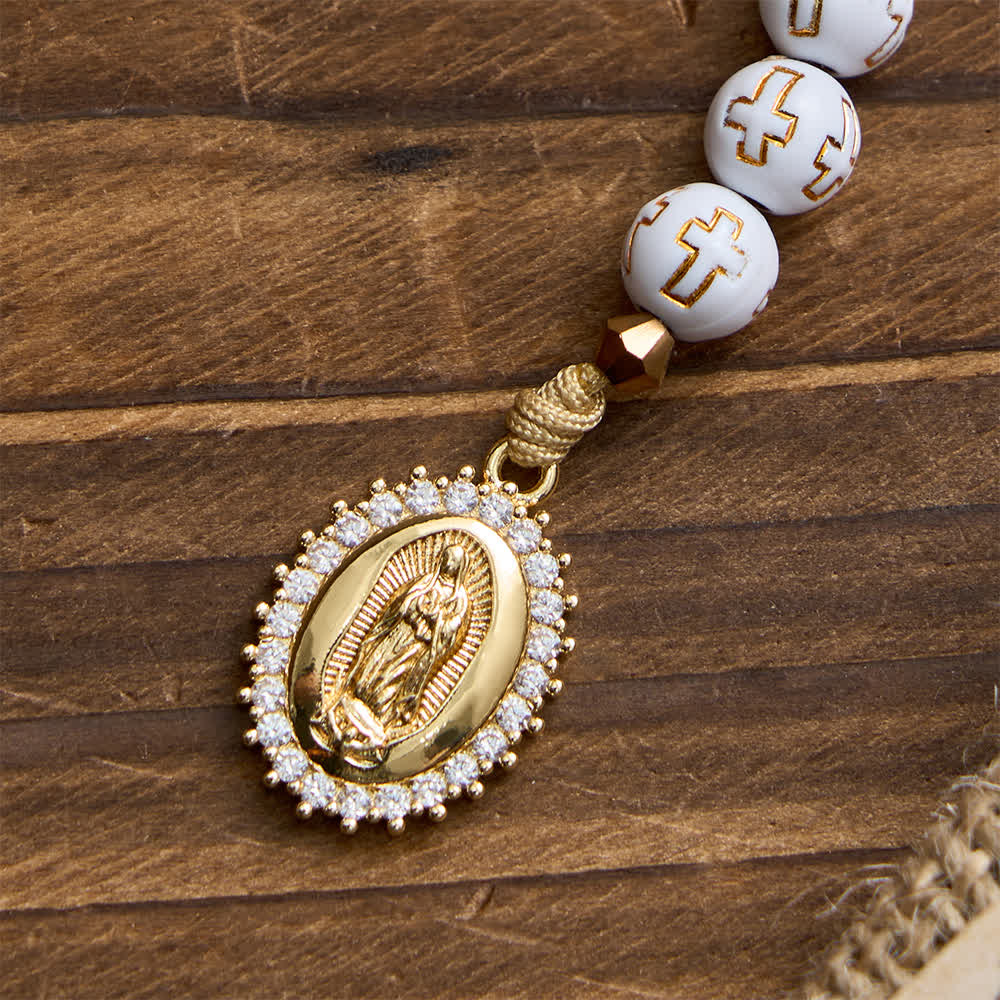 White Cross Bead Pocket Rosary: Sparkling Our Lady Medal for Pure Faith