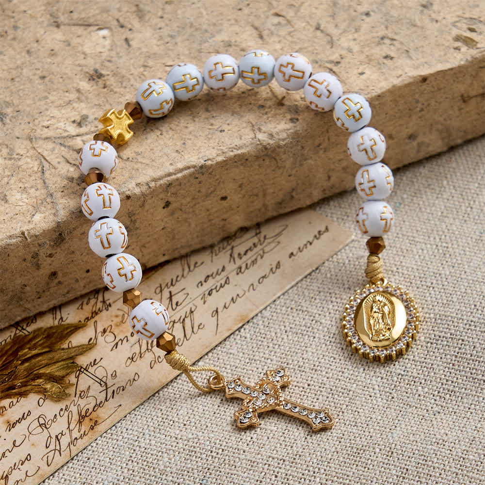 White Cross Bead Pocket Rosary: Sparkling Our Lady Medal for Pure Faith