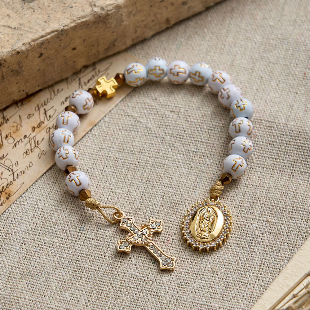 White Cross Bead Pocket Rosary: Sparkling Our Lady Medal for Pure Faith
