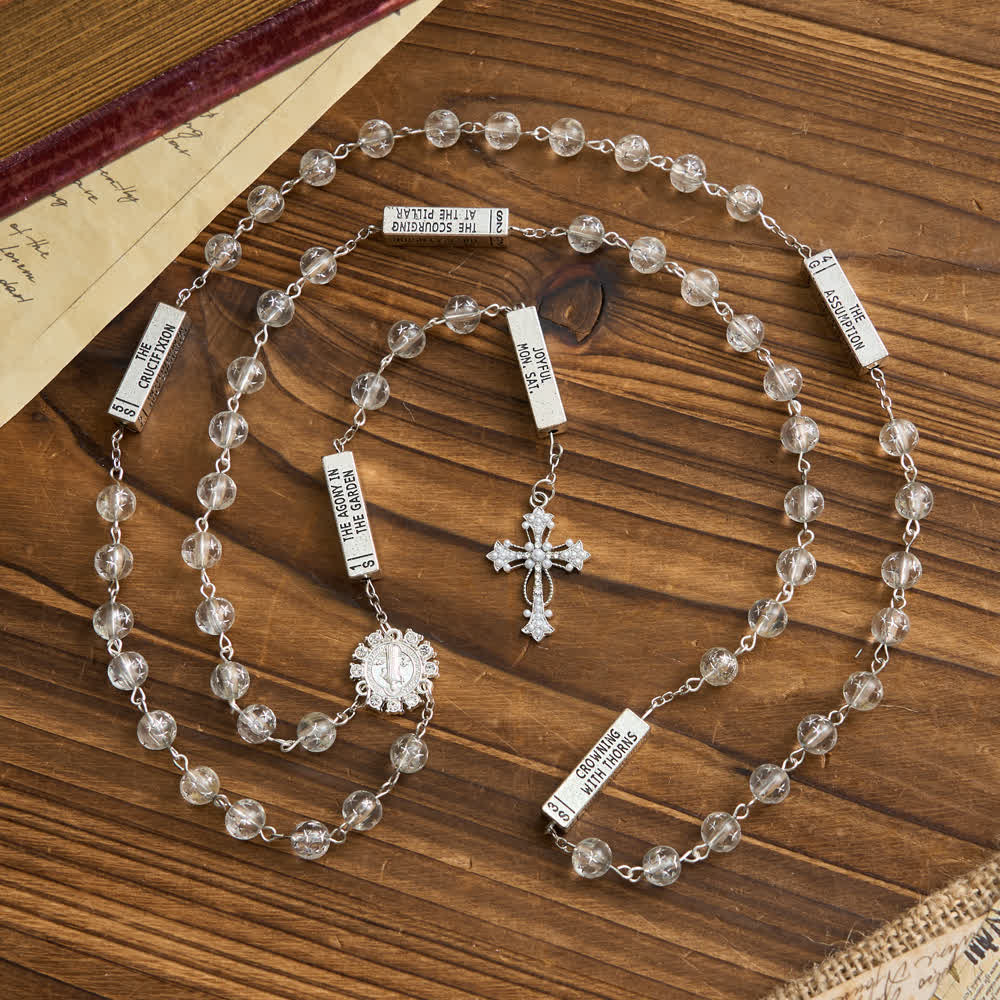Frosted Bead Six Tablets Rosary with St. Benedict Medal and Cross