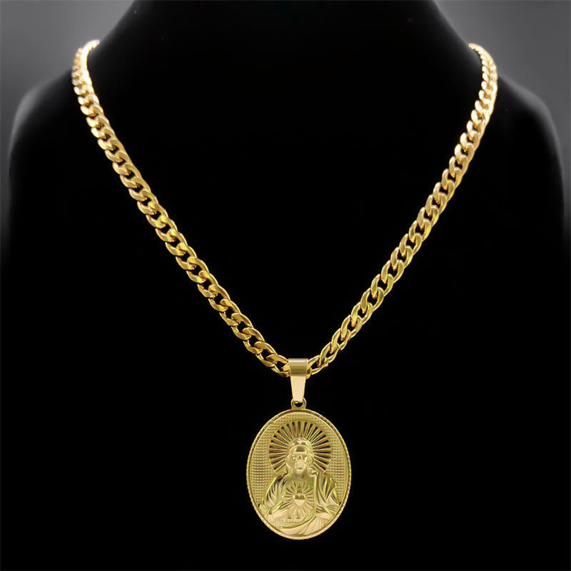 Stainless Steel Sacred Heart Jesus Necklace with Cuban Link Chain: A Reminder of Devotion