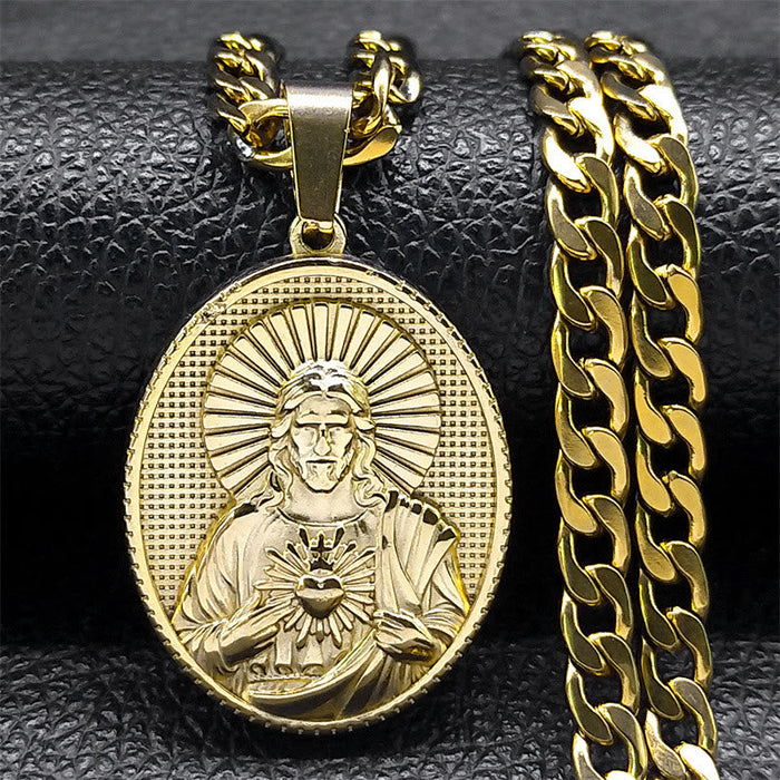 Stainless Steel Sacred Heart Jesus Necklace with Cuban Link Chain: A Reminder of Devotion