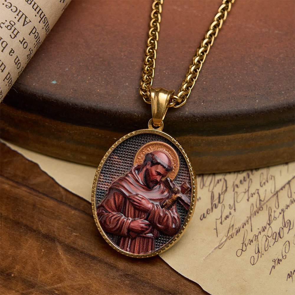 Elegant Enameled Religious Portrait Necklace with Gold Frame: An Emblem of Faith and Protection