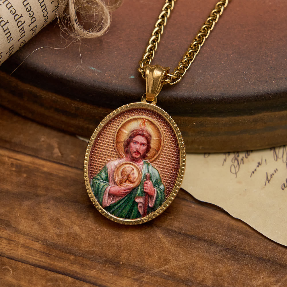 Elegant Enameled Religious Portrait Necklace with Gold Frame: An Emblem of Faith and Protection