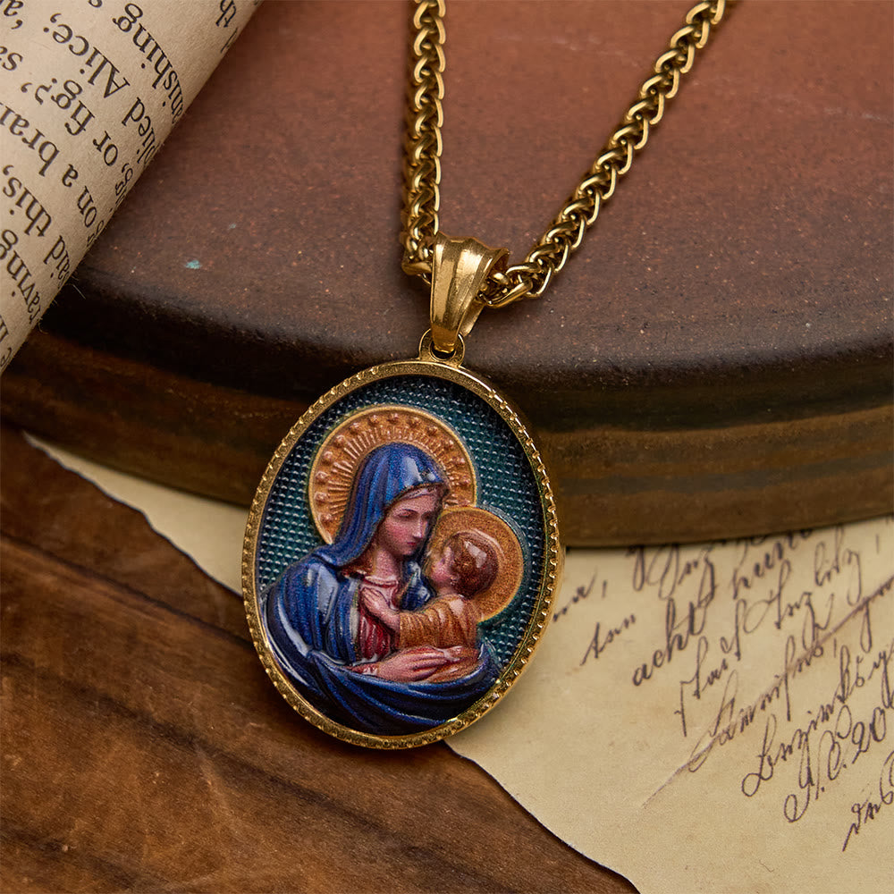 Elegant Enameled Religious Portrait Necklace with Gold Frame: An Emblem of Faith and Protection