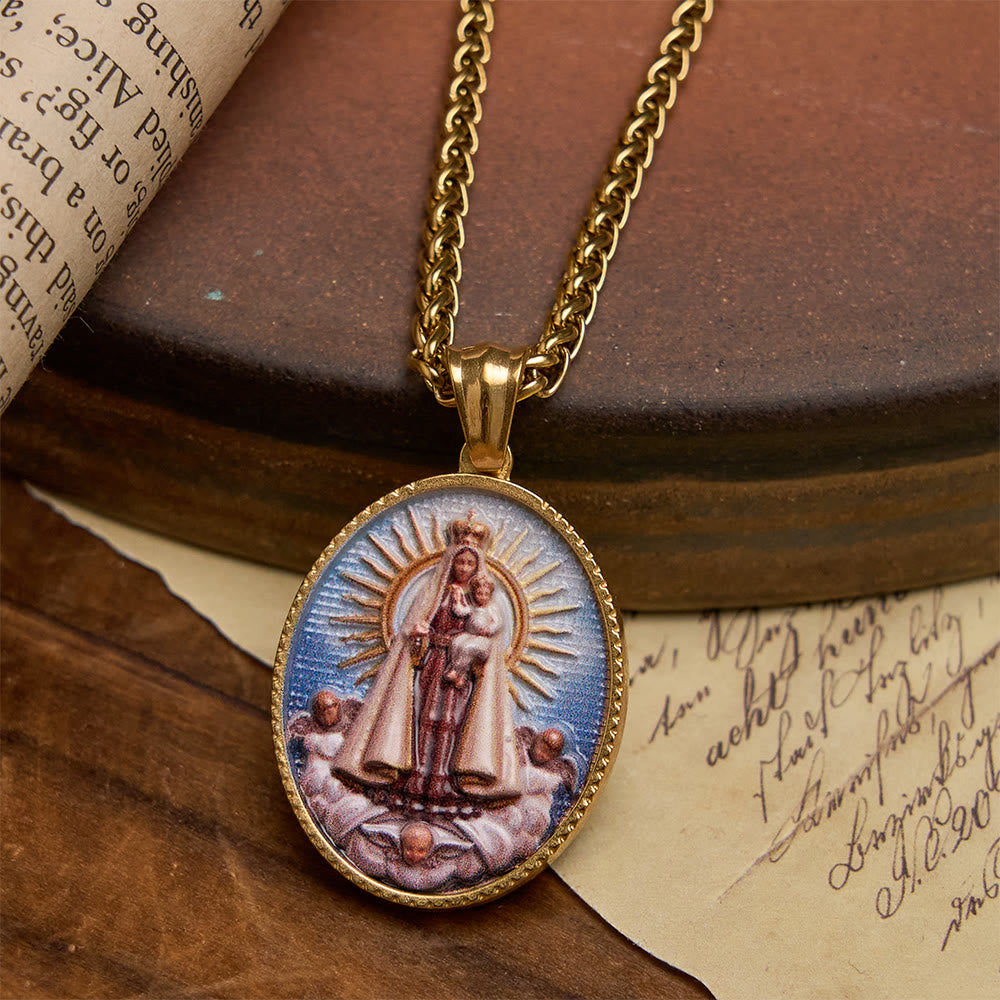 Elegant Enameled Religious Portrait Necklace with Gold Frame: An Emblem of Faith and Protection