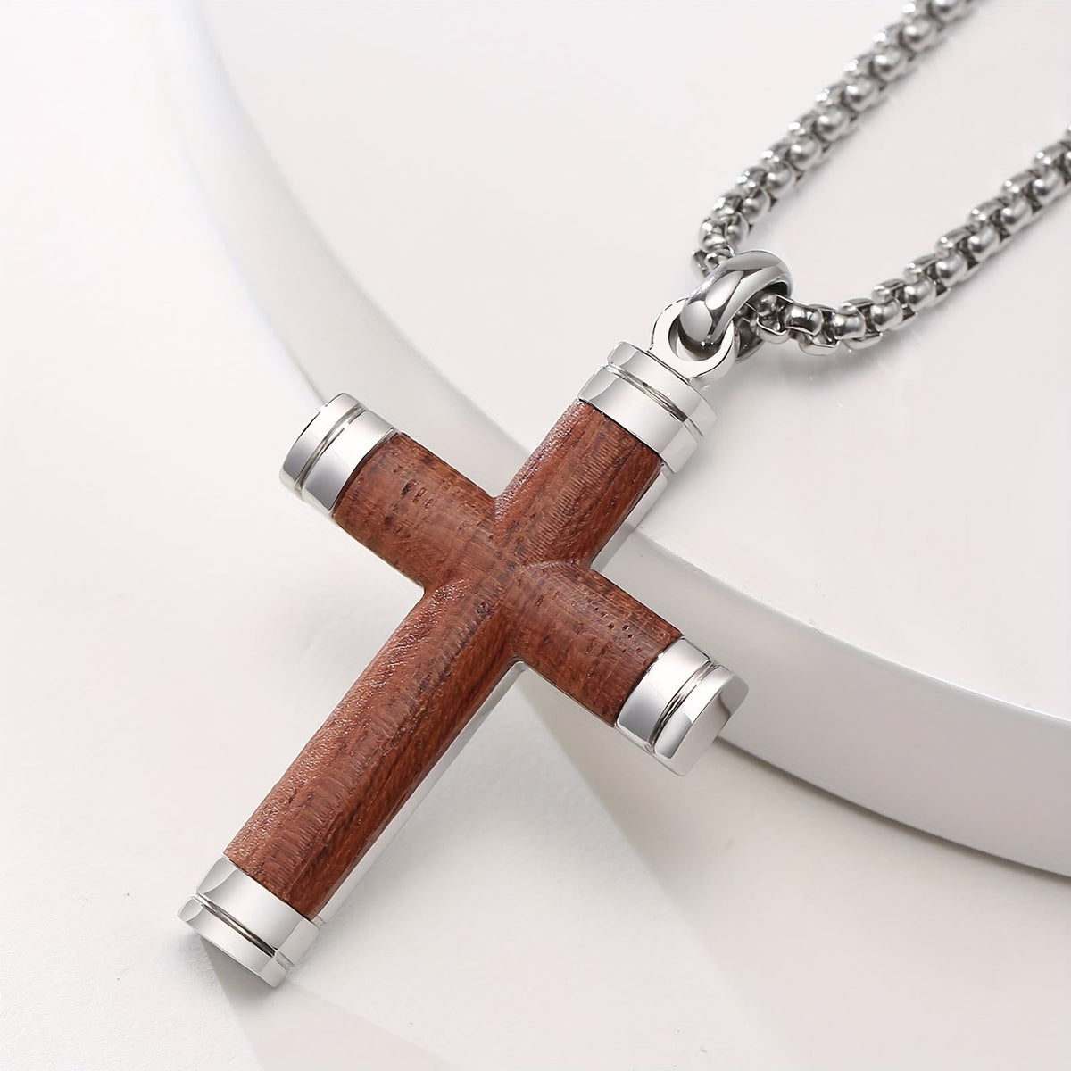 Minimalist Wood Cross Necklace with Sleek Metal Ends: An Emblem of Strength and Devotion