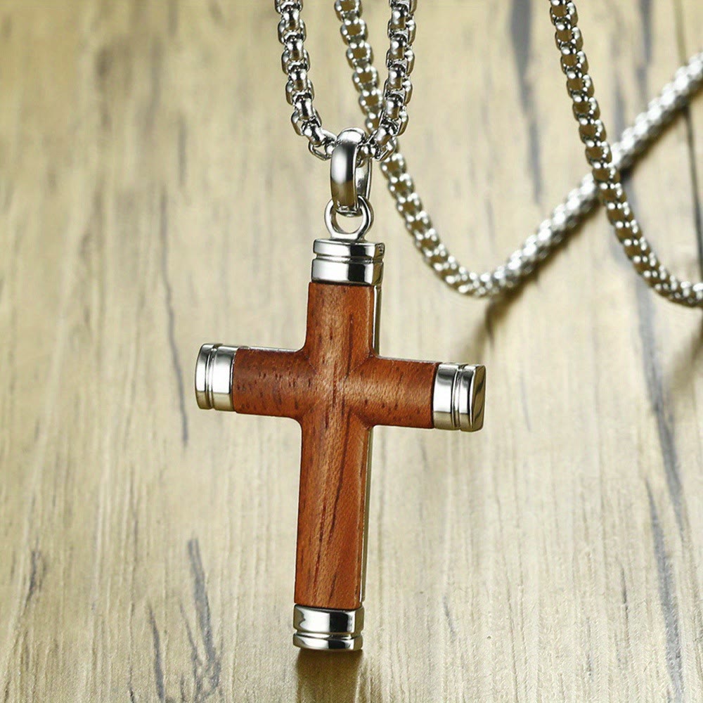 Minimalist Wood Cross Necklace with Sleek Metal Ends: An Emblem of Strength and Devotion