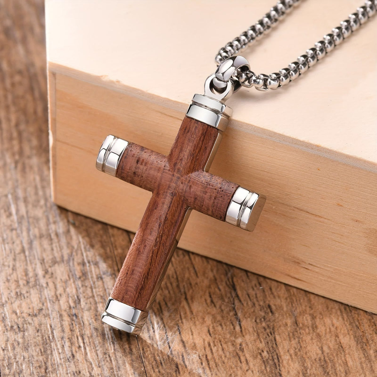 Minimalist Wood Cross Necklace with Sleek Metal Ends: An Emblem of Strength and Devotion
