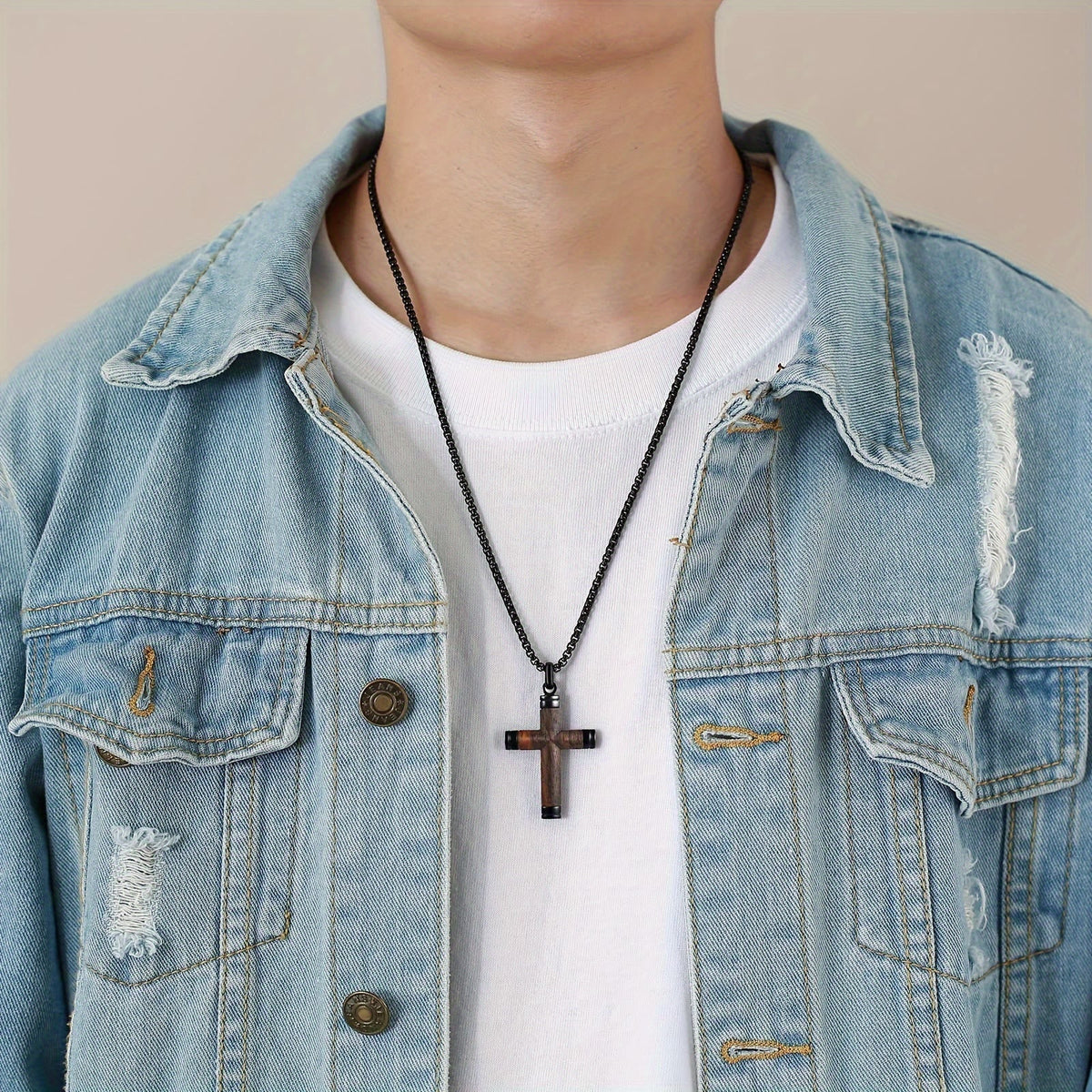 Minimalist Wood Cross Necklace with Sleek Metal Ends: An Emblem of Strength and Devotion