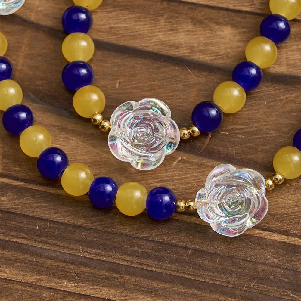 Blue & Yellow Guadalupe Rosary: Iridescent Rose Beads with Golden Crucifix