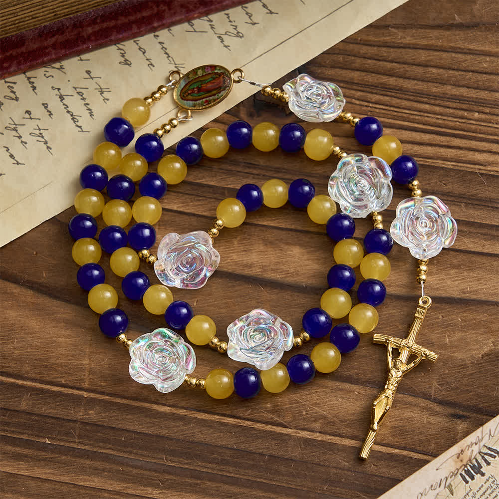 Blue & Yellow Guadalupe Rosary: Iridescent Rose Beads with Golden Crucifix