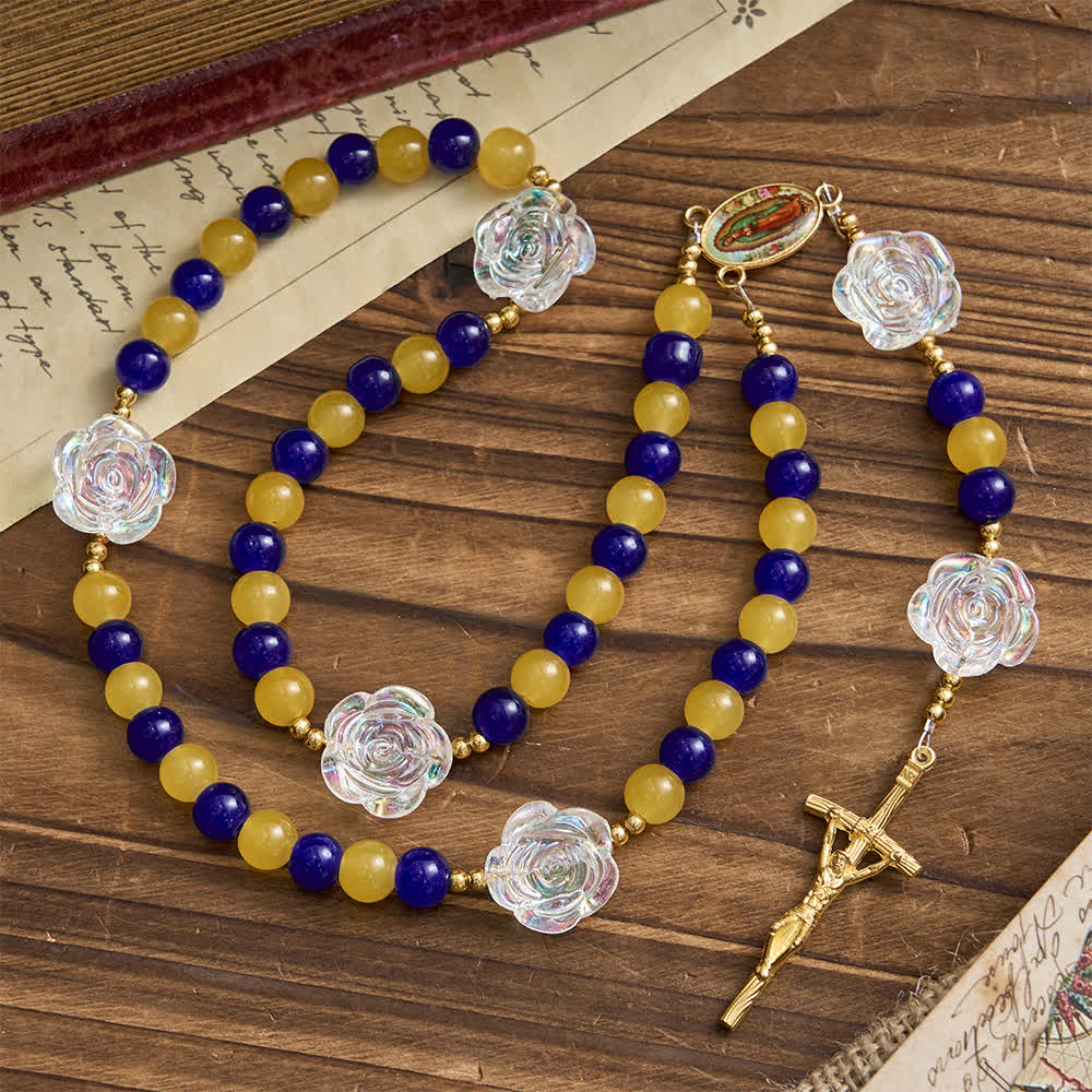 Blue & Yellow Guadalupe Rosary: Iridescent Rose Beads with Golden Crucifix