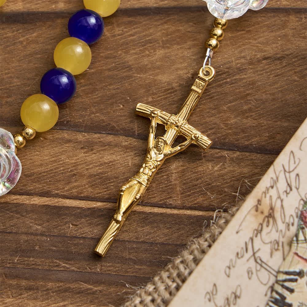 Blue & Yellow Guadalupe Rosary: Iridescent Rose Beads with Golden Crucifix