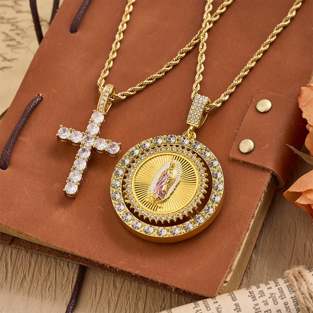 Rotating Our Lady of Guadalupe Medallion Necklace with Double Zircon Halo: A Reminder of Divine Grace