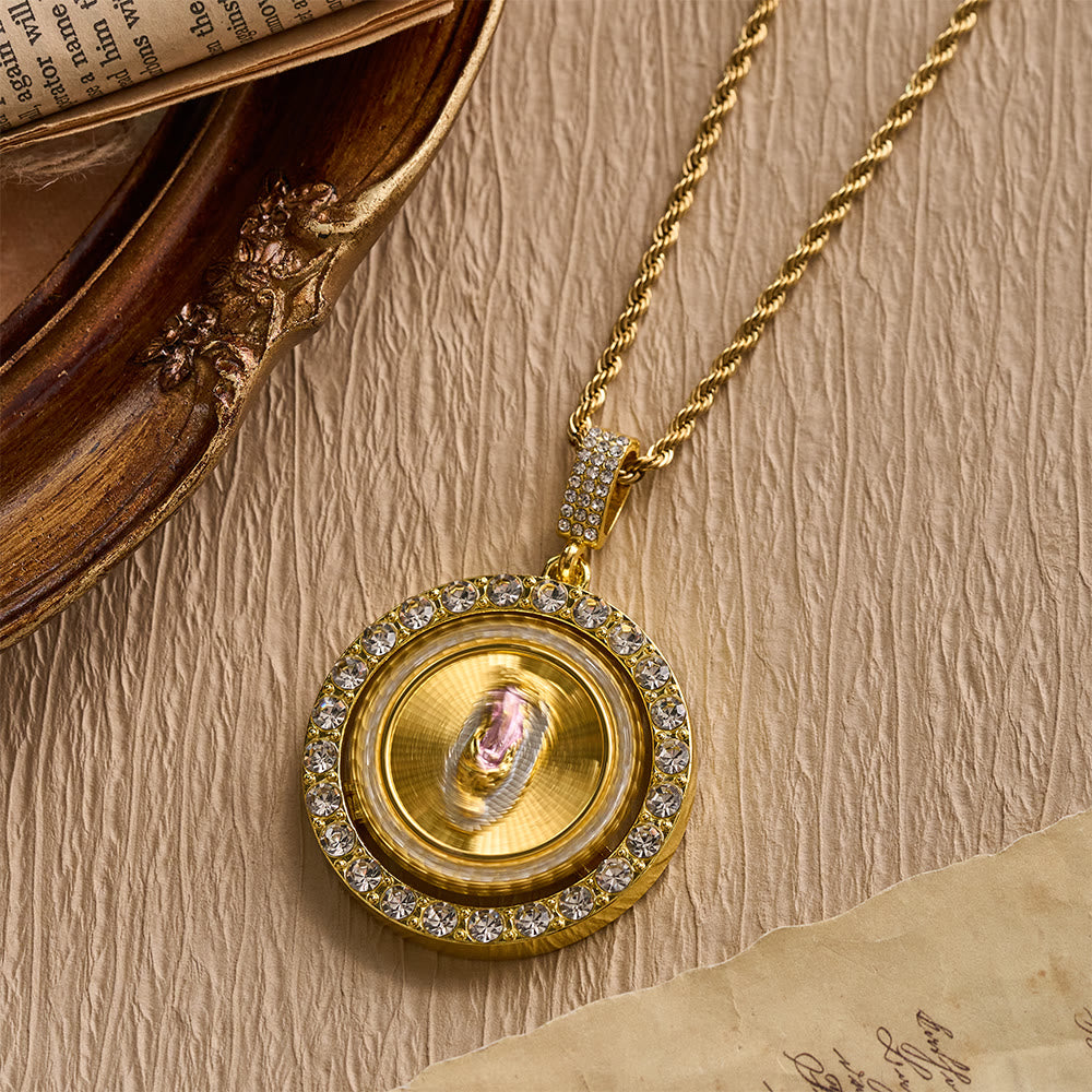 Rotating Our Lady of Guadalupe Medallion Necklace with Double Zircon Halo: A Reminder of Divine Grace