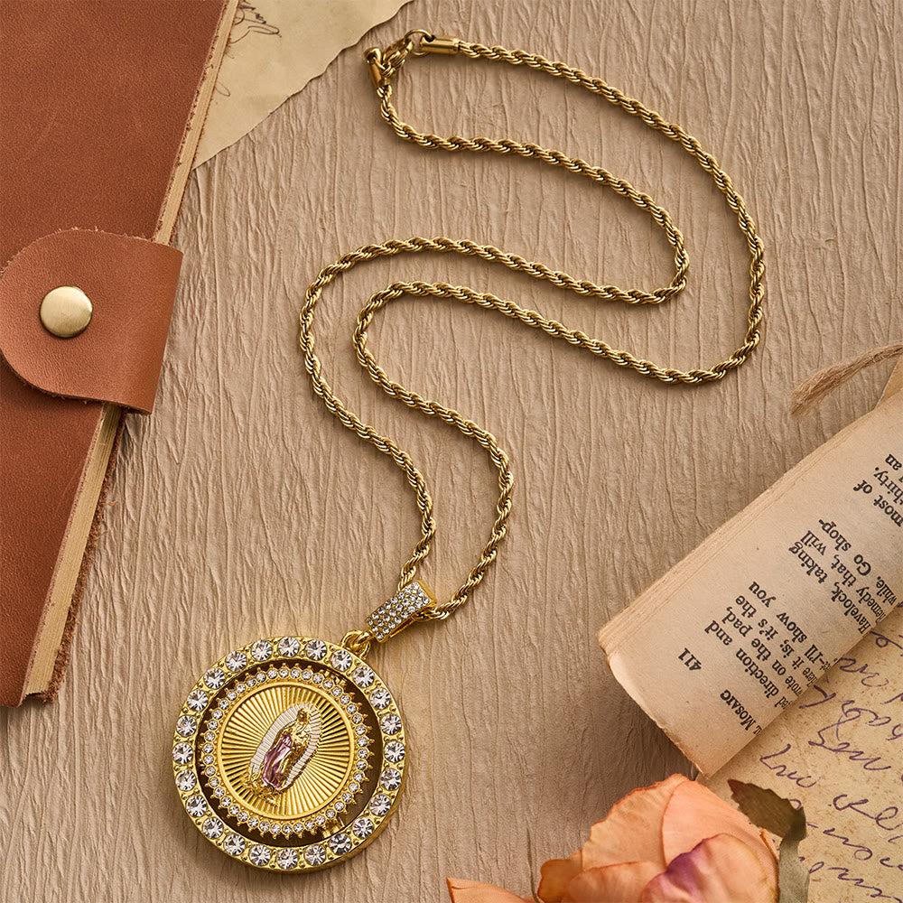 Rotating Our Lady of Guadalupe Medallion Necklace with Double Zircon Halo: A Reminder of Divine Grace