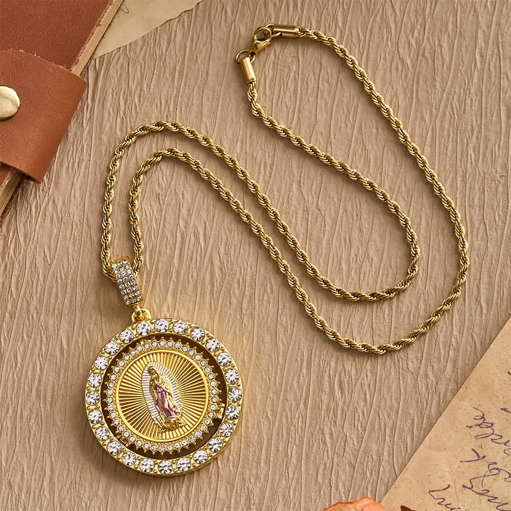 Rotating Our Lady of Guadalupe Medallion Necklace with Double Zircon Halo: A Reminder of Divine Grace