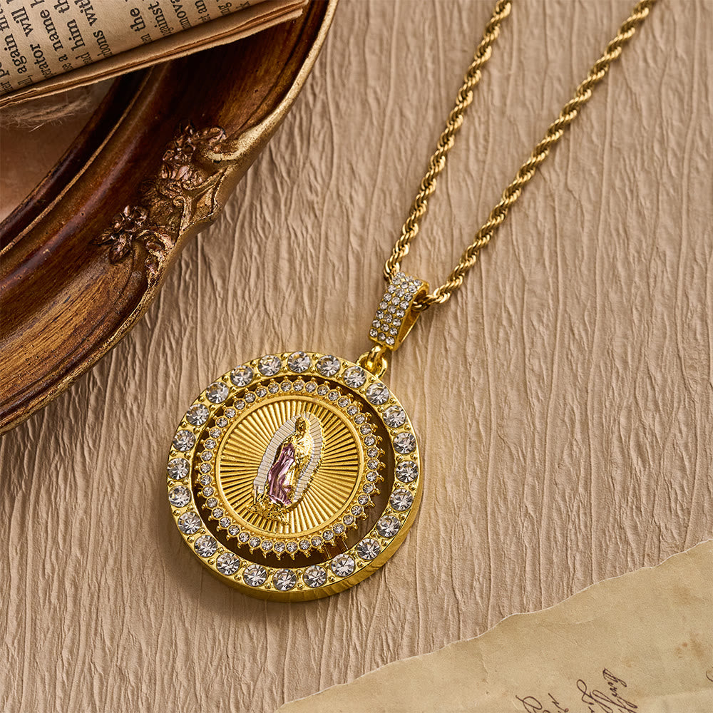 Rotating Our Lady of Guadalupe Medallion Necklace with Double Zircon Halo: A Reminder of Divine Grace